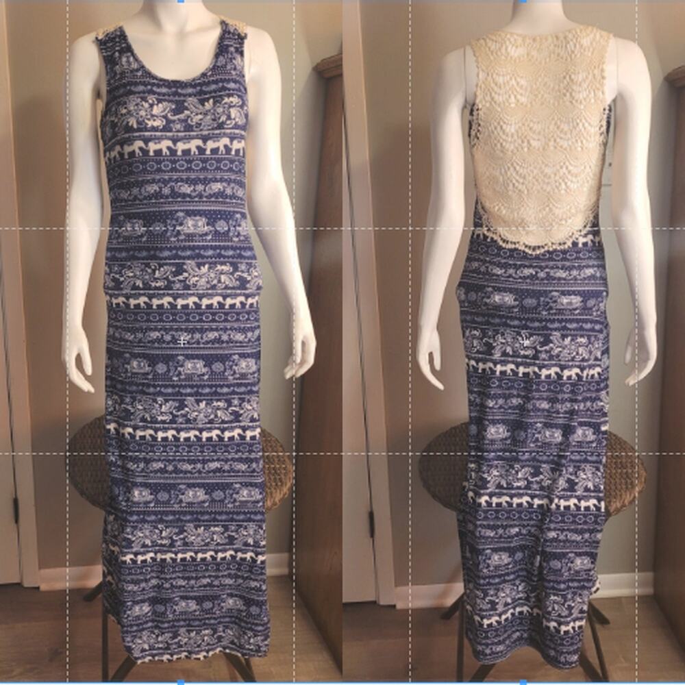 Elephant Print Maxi Dress XS Crochet Back Boho Festival Resort Hippie Vacation